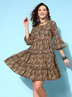 InWeave Women's Brown Kalamkari Print Short Dress | Grocsy