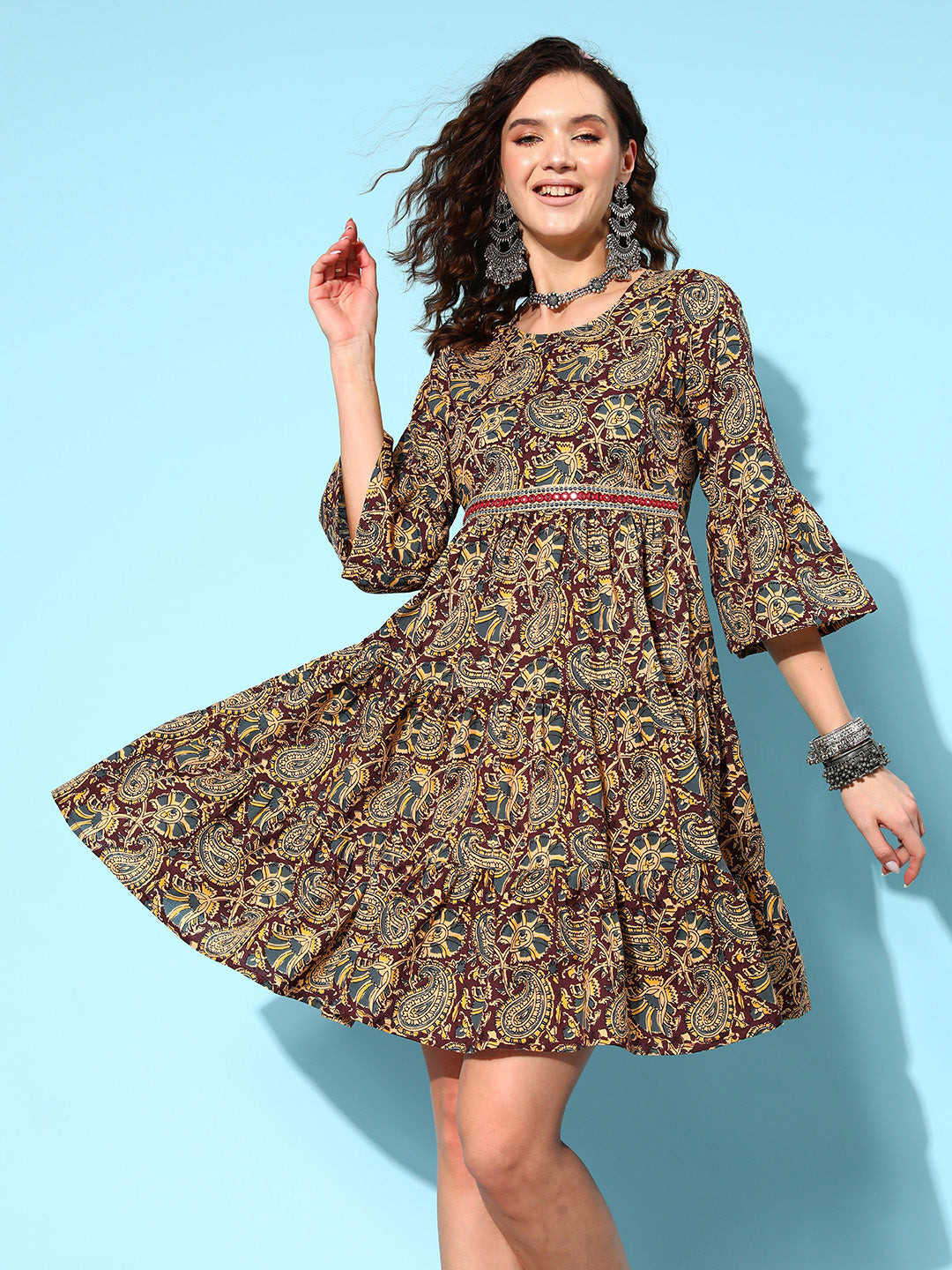 InWeave Women's Brown Kalamkari Print Short Dress | Grocsy