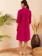 InWeave Women's Fuchsia Velvet Collared Neck Flared Midi Dress | Grocsy