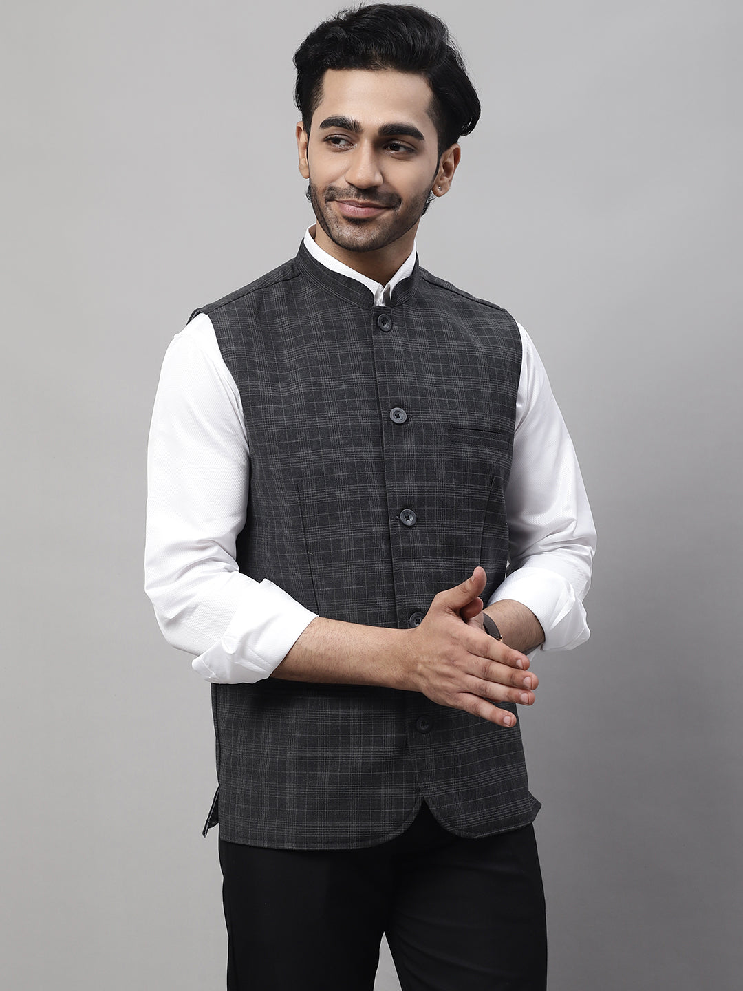 Even Apparels Men's Grey Nehru Jacket With Welt Pockets | Grocsy
