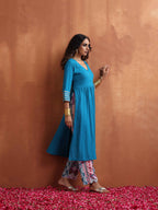 trueBrowns Blue Cotton Flared Anarkali Kurta Set | Grocsy