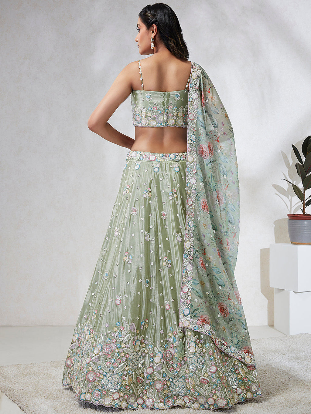 House of Panchhi Lime Green Chiffon Sequins And Thread Embroidery Lehenga Choli & Dupatta | Grocsy
