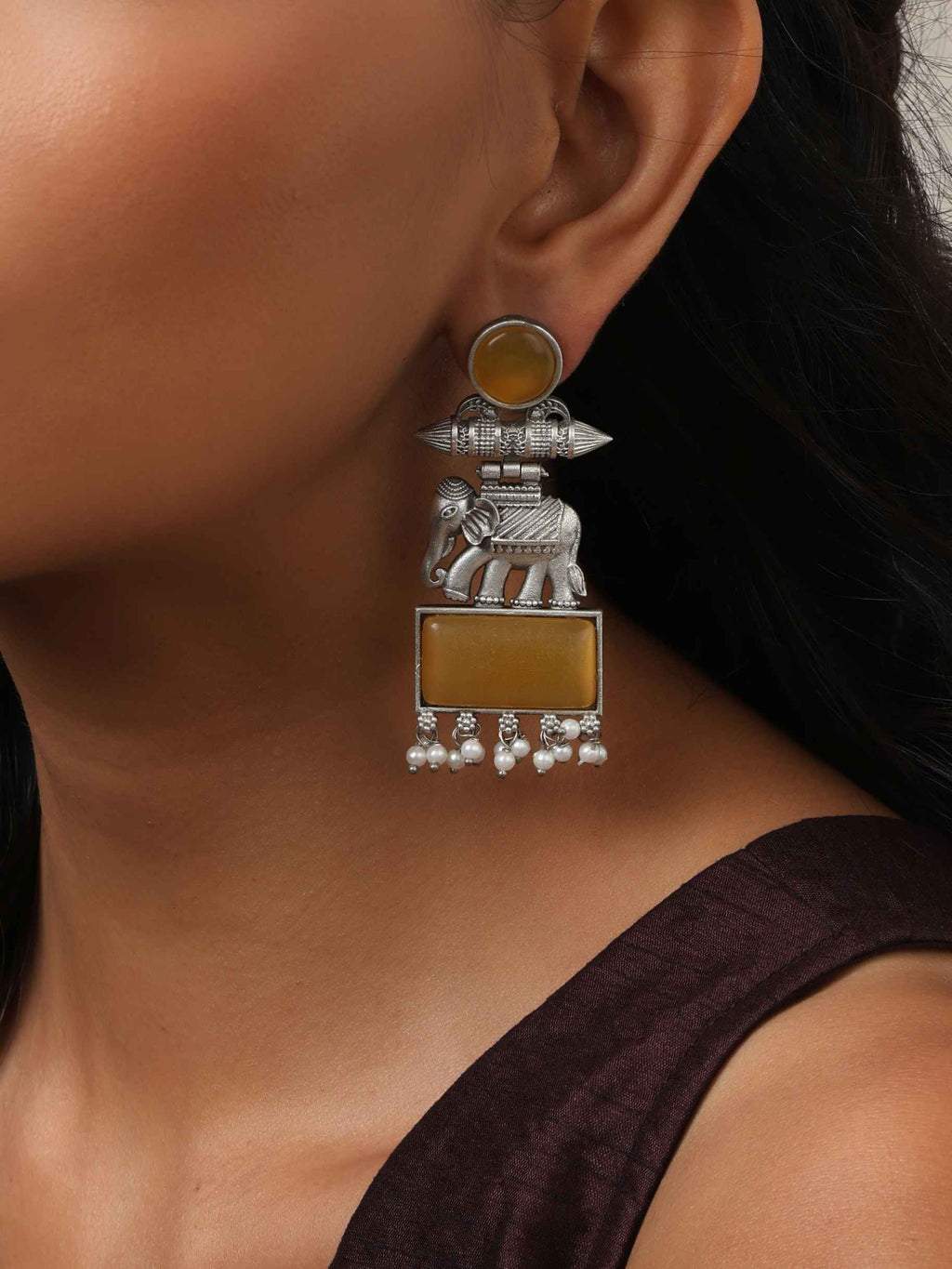 trueBrowns Silver Tone Yellow Stone Earrings | Grocsy