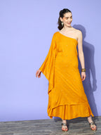 InWeave Women's Mustard Mirror Work One Shoulder Kurta Set | Grocsy