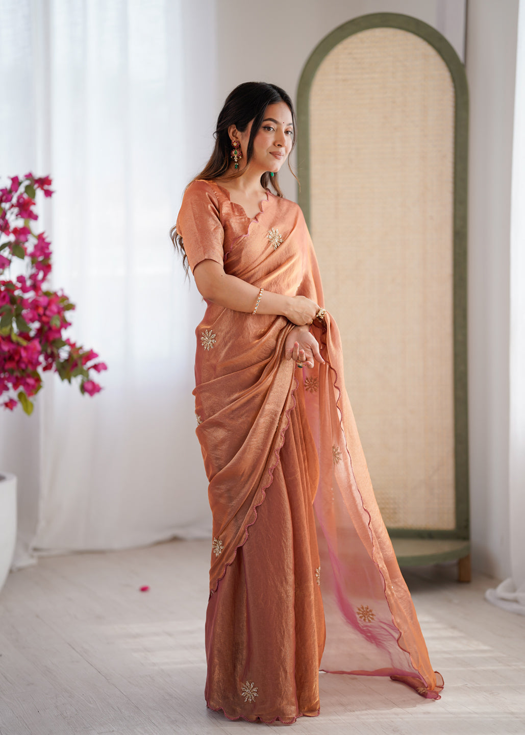 Evanik Designer Heavy Fendy Satin With Beads Embroidered Work Saree With Unstitched Blouse | Grocsy