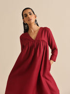 trueBrowns Maroon Slub Gathered Kurta Pant Set | Grocsy