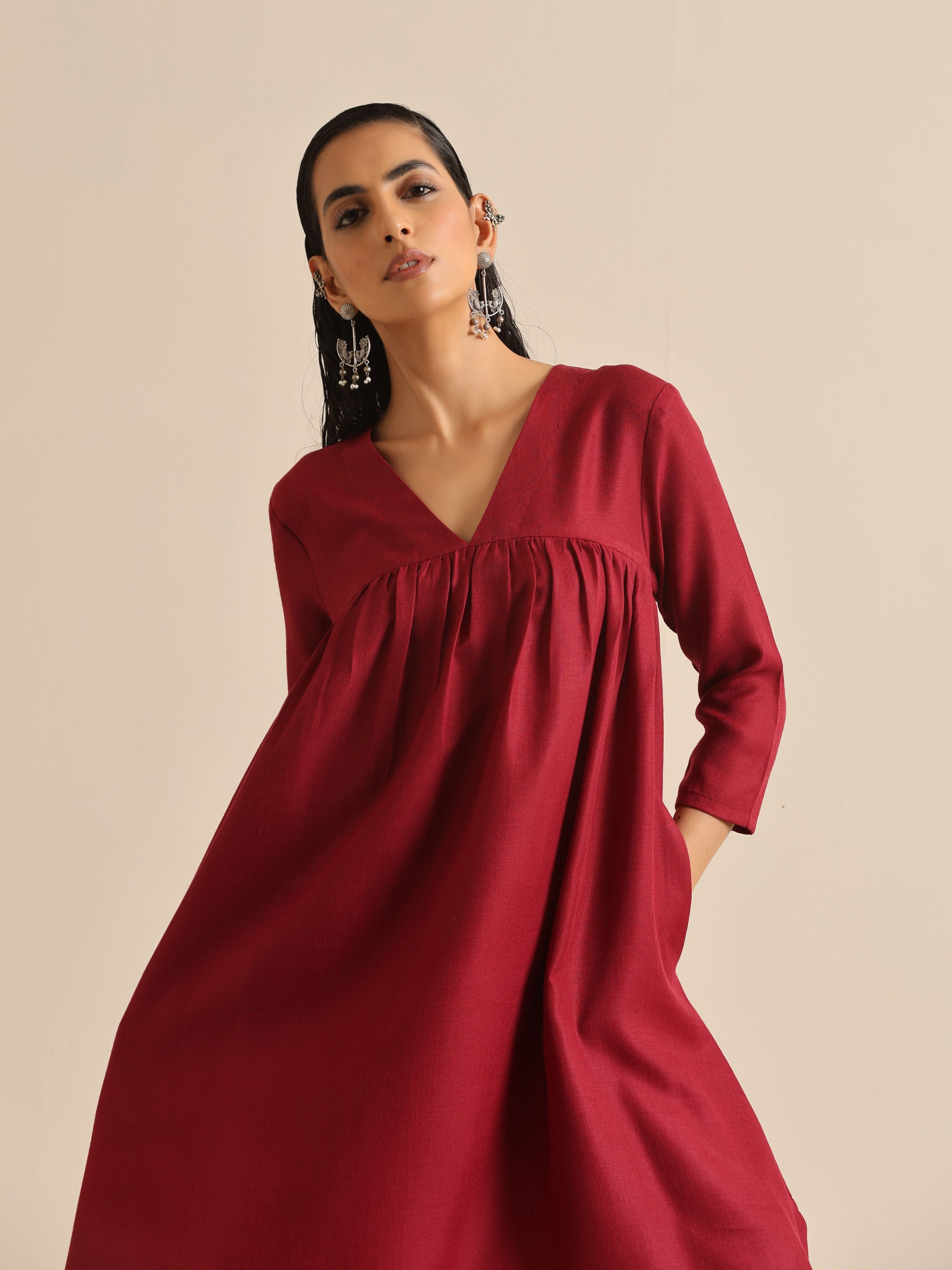 trueBrowns Maroon Slub Gathered Kurta Pant Set | Grocsy