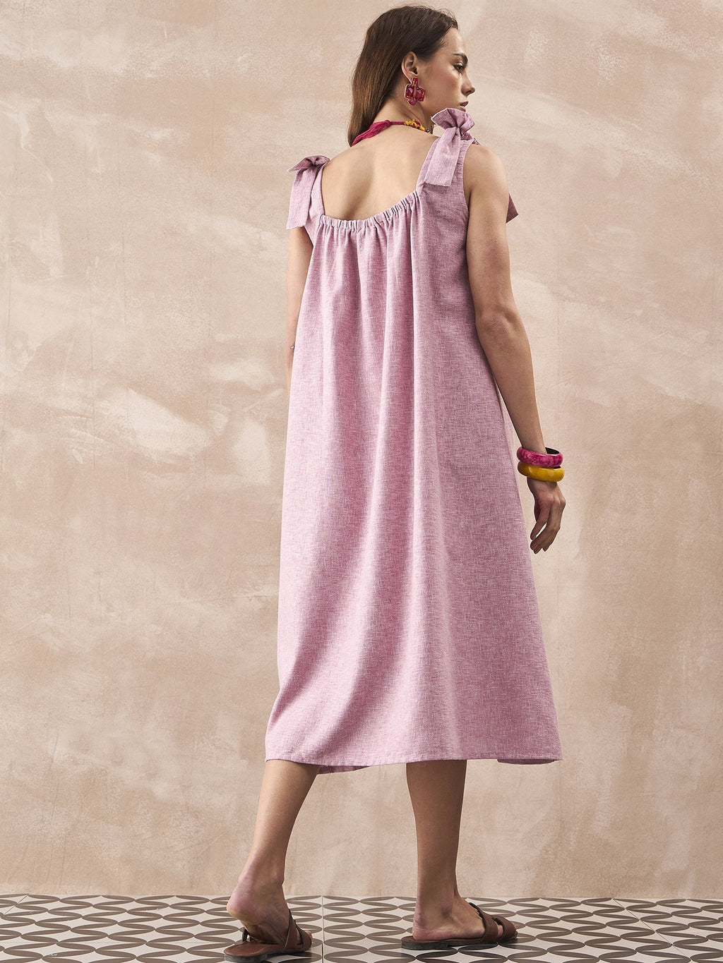 InWeave Dull Pink Linen Round Pleat Bow Dress | Grocsy