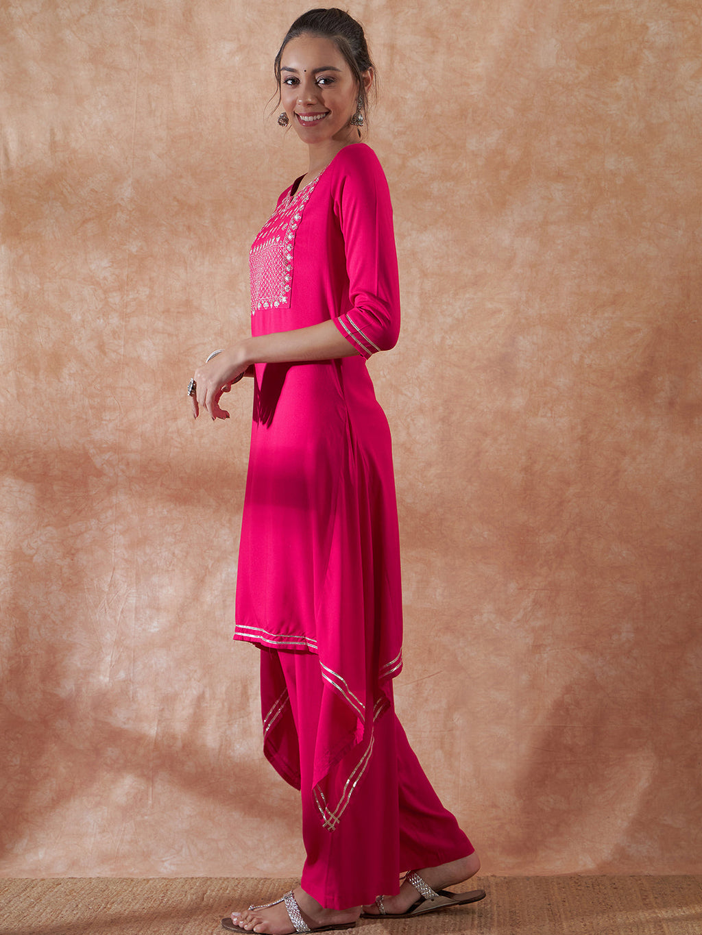 InWeave Women's Magenta Emb Assymetrical Kurta Pant Set | Grocsy