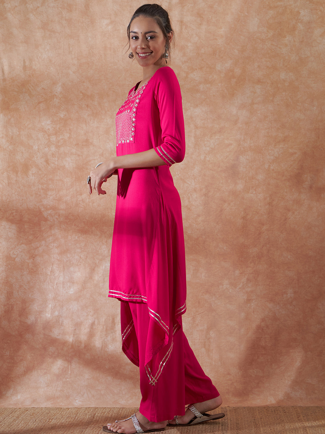 InWeave Women's Magenta Emb Assymetrical Kurta Pant Set | Grocsy