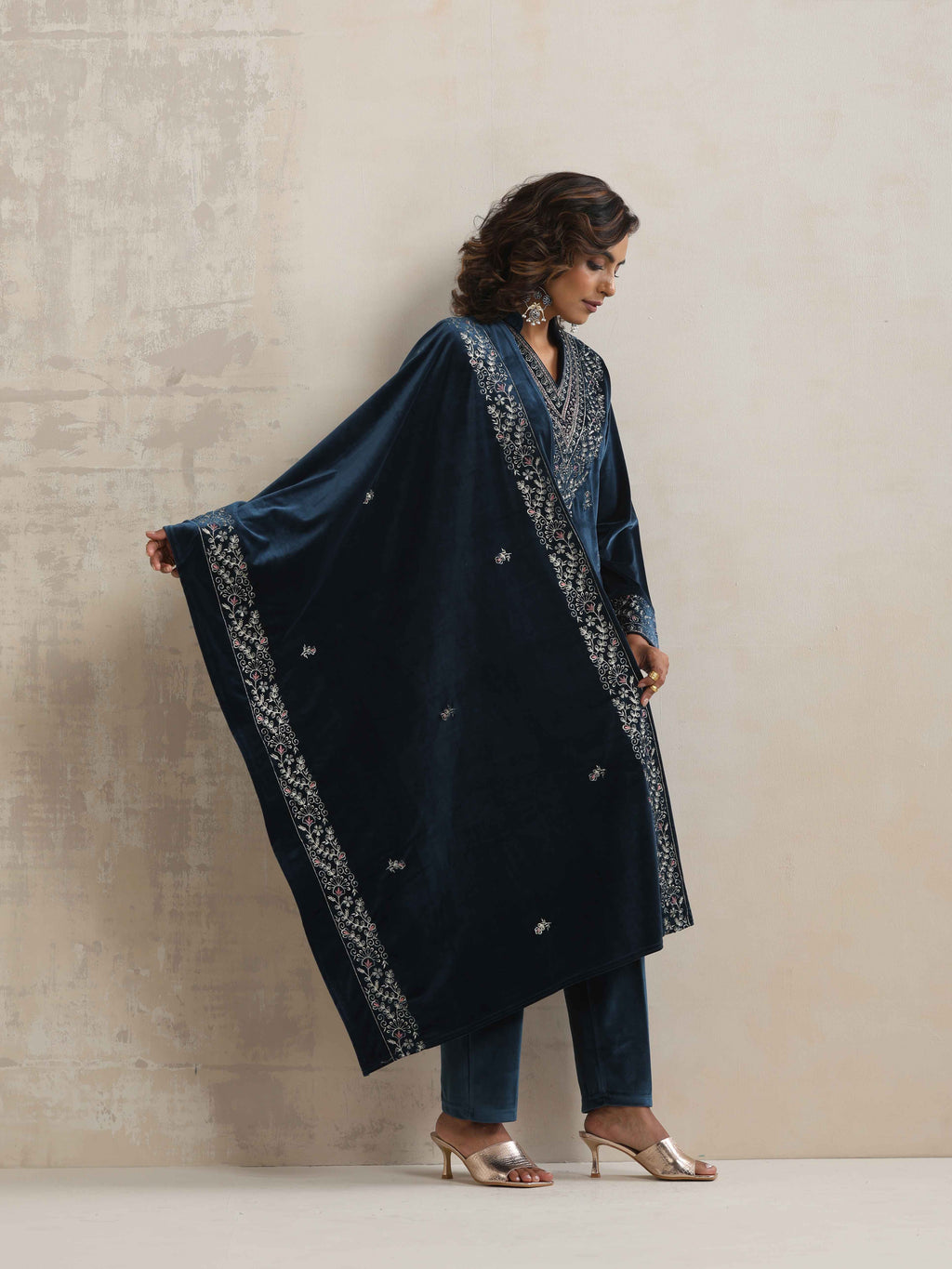trueBrowns Blue Velvet Embroidered Kurta Pant Dupatta Set | Grocsy