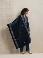 trueBrowns Blue Velvet Embroidered Kurta Pant Dupatta Set | Grocsy