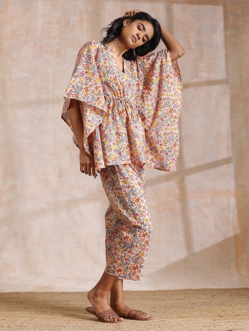trueBrowns Multicolor Beige Overall Floral Block Print Cotton Kaftan Co-Ord Set | Grocsy