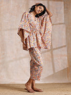 trueBrowns Multicolor Beige Overall Floral Block Print Cotton Kaftan Co-Ord Set | Grocsy