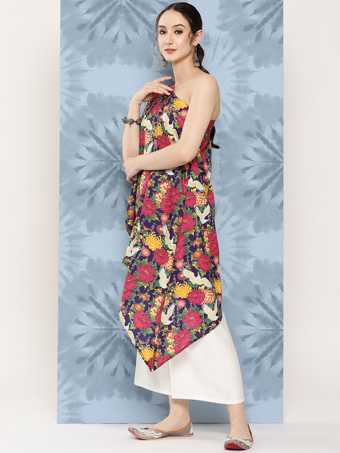 InWeave Women's Navy Bird Japanese Art Oneshoulder Top | Grocsy