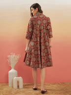 InWeave Women's Maroon Mughal Kalamkari Flared Dress | Grocsy