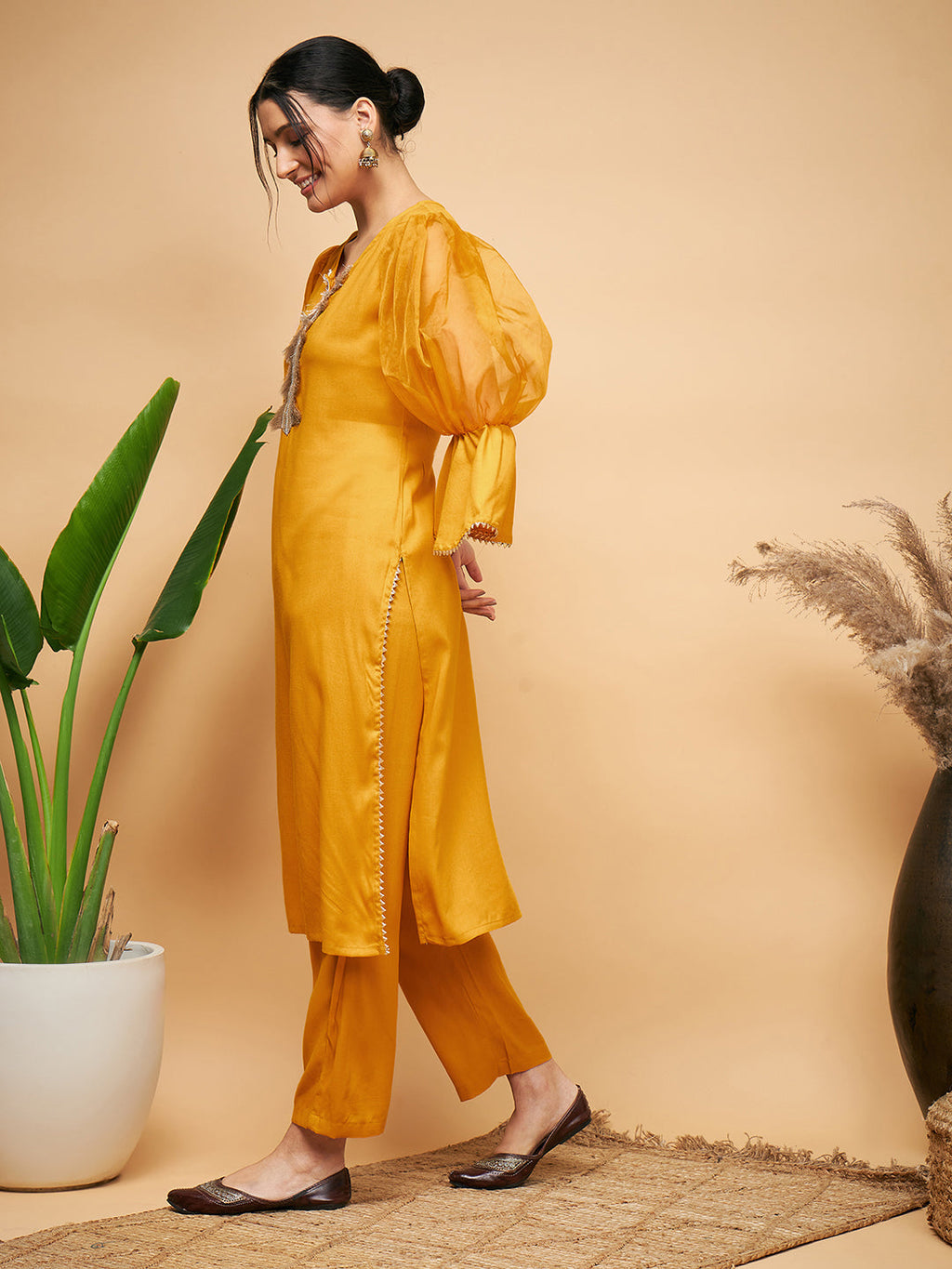 InWeave Women's Mustard Organza Sleeve Kurta Set | Grocsy