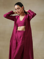 trueBrowns Purple Textured Silk Overlay Jacket Blouse Pant Set | Grocsy