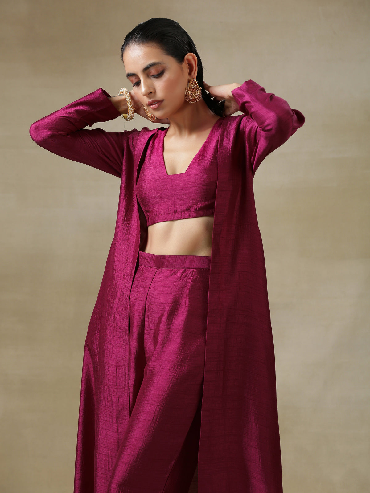 trueBrowns Purple Textured Silk Overlay Jacket Blouse Pant Set | Grocsy