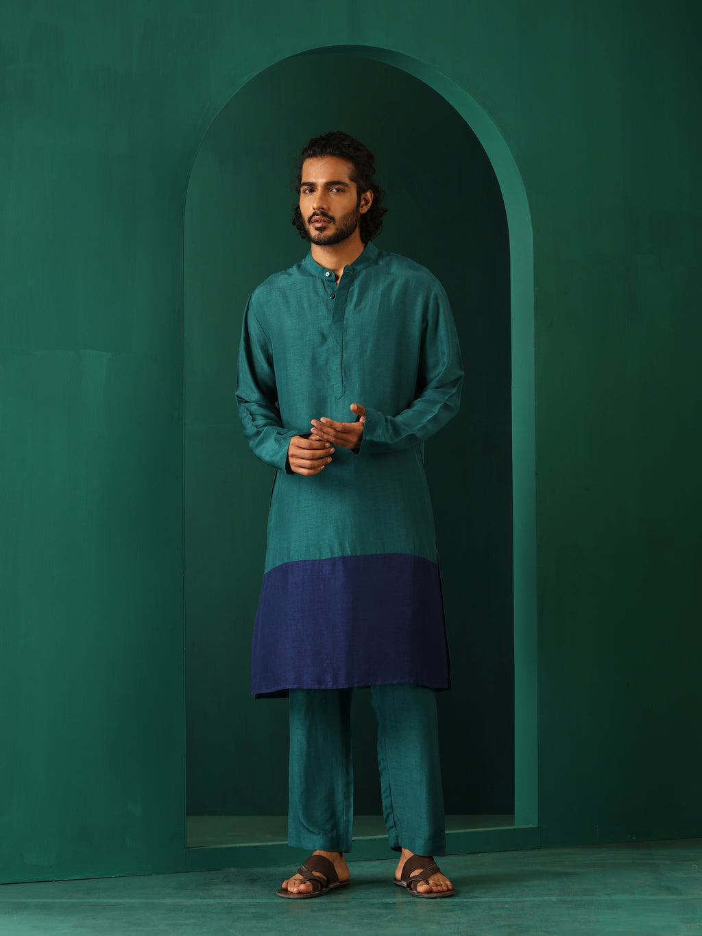 trueBrowns Men's Blue Color Block Silk Long Kurta | Grocsy