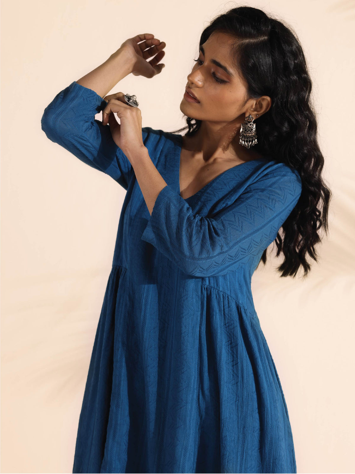 trueBrowns Blue Cotton Dobby Flared Kurta Pant Set | Grocsy