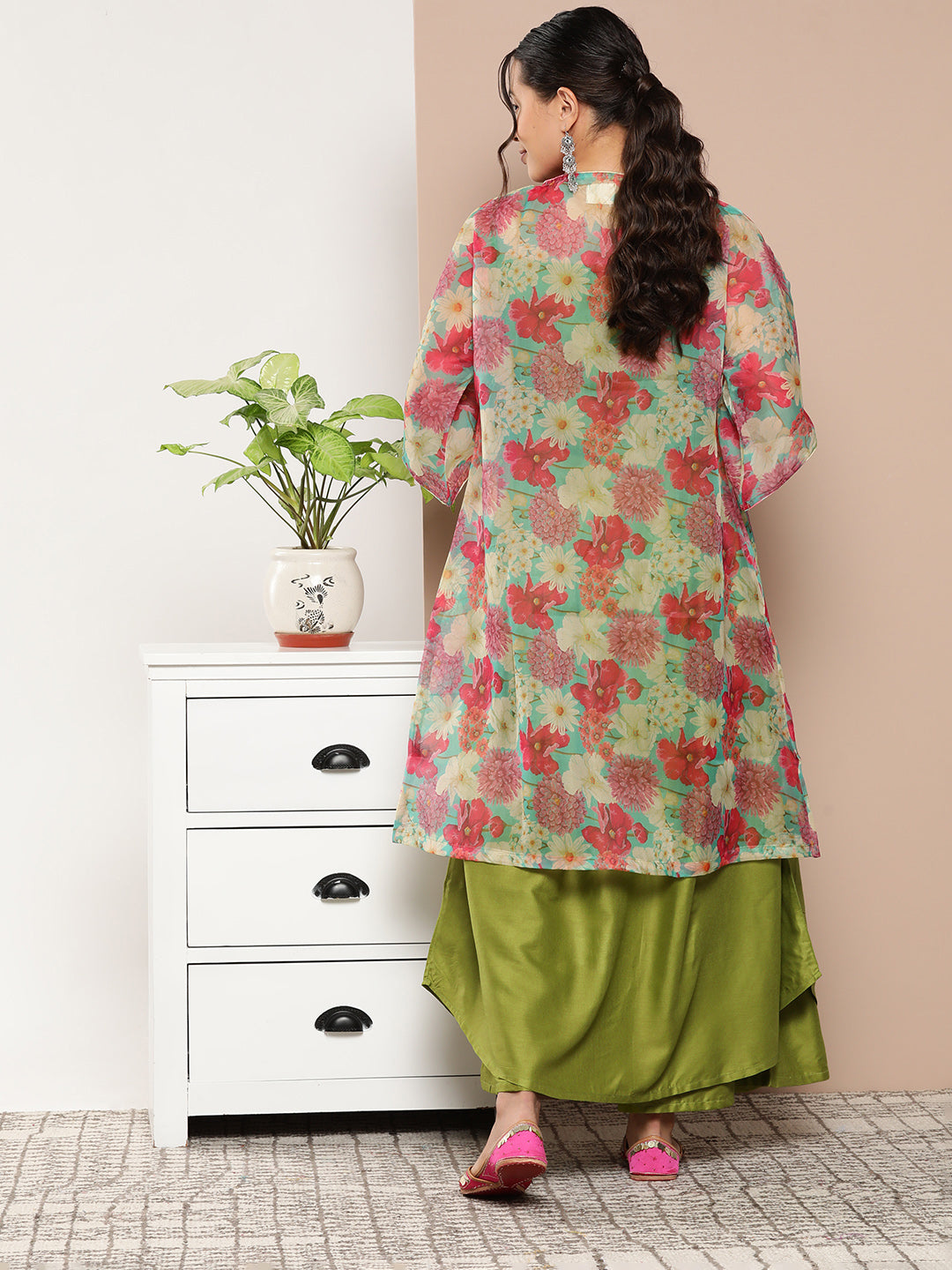 InWeave Women's Olive Green Strappy Set With Pink Green Floral Cape | Grocsy