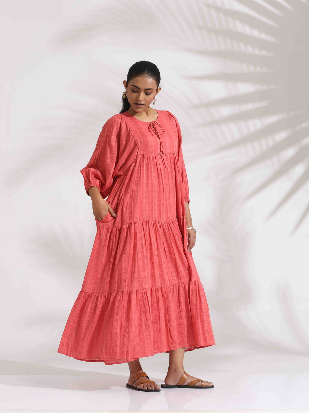trueBrowns Pink Cotton Tier Dress | Grocsy