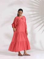 trueBrowns Pink Cotton Tier Dress | Grocsy