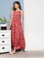 InWeave Women's Camelia Pastel Peach Print Strappy Kurta Set | Grocsy