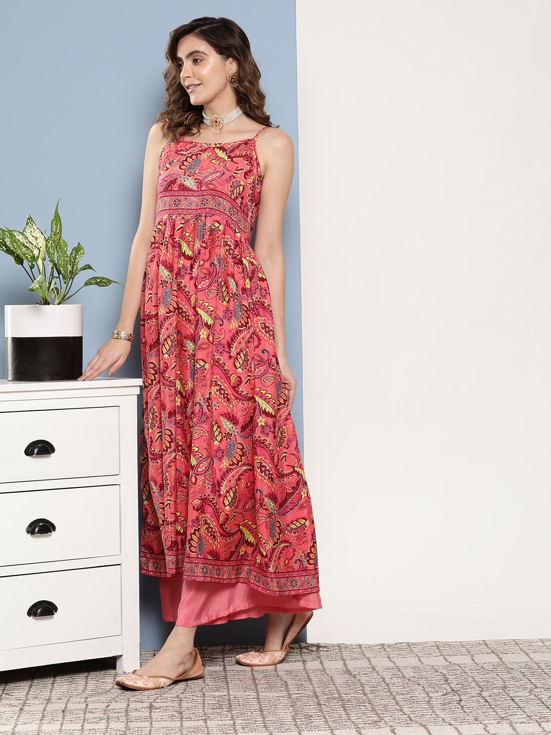 InWeave Women's Camelia Pastel Peach Print Strappy Kurta Set | Grocsy