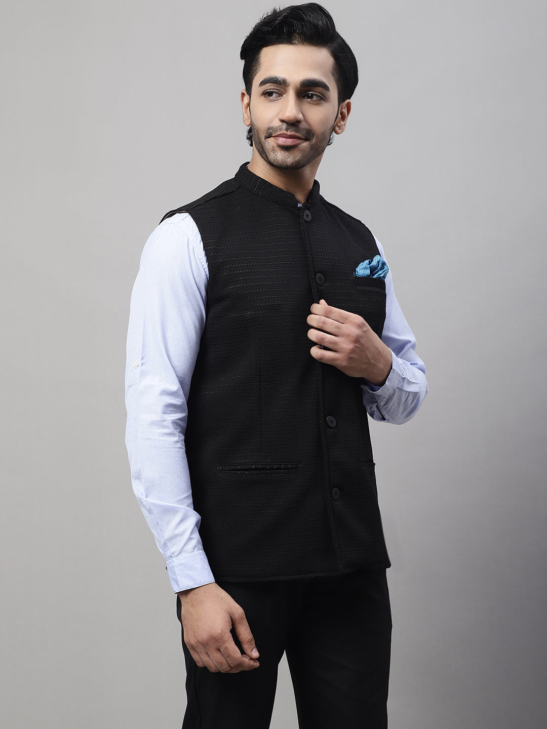 Even Apparels Men's Black Nehru Jacket With Welt Pockets | Grocsy