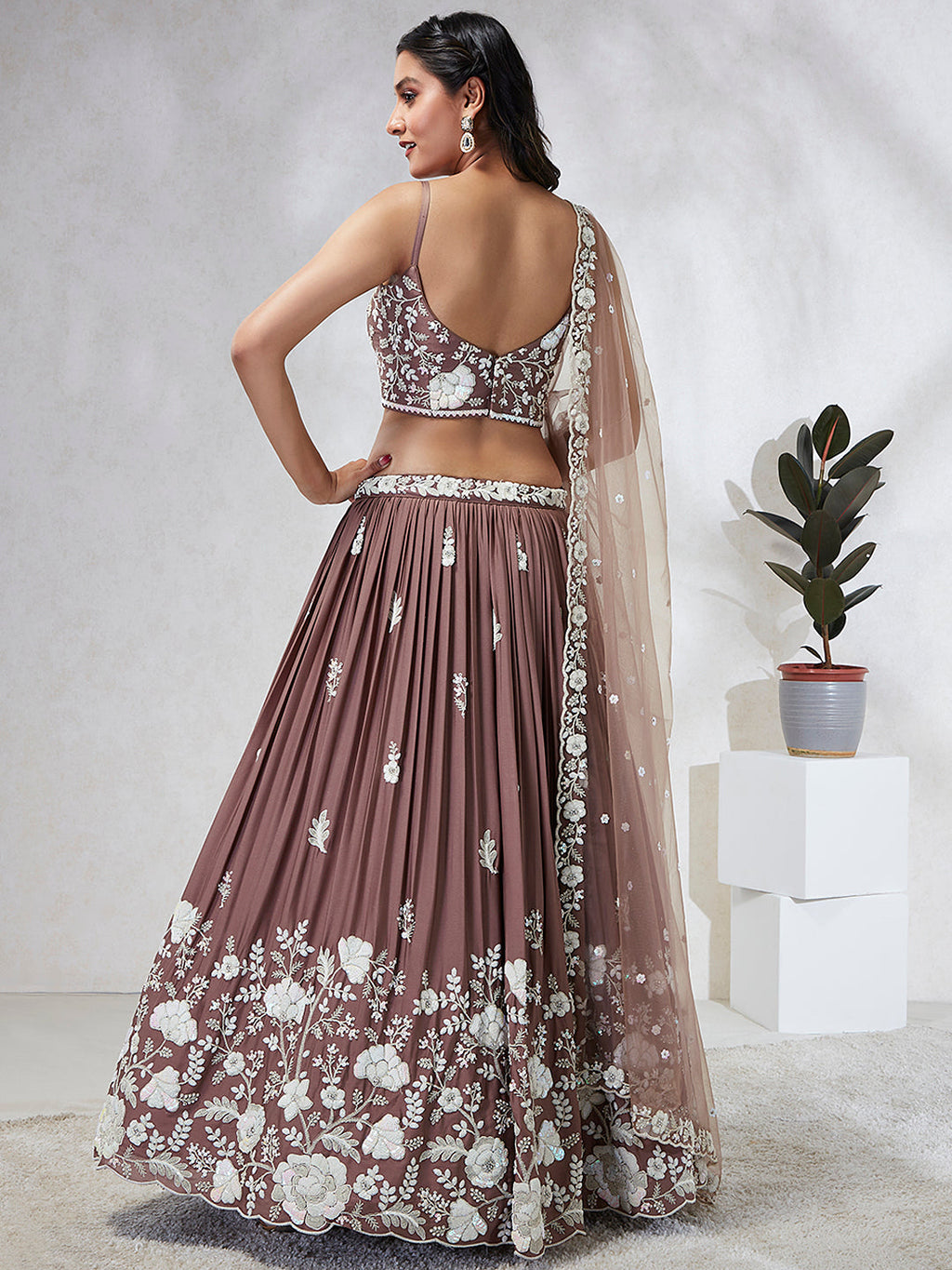 House of Panchhi Rose Gold Pure Georgette Sequins And Thread Embroidery Lehenga Choli & Dupatta | Grocsy