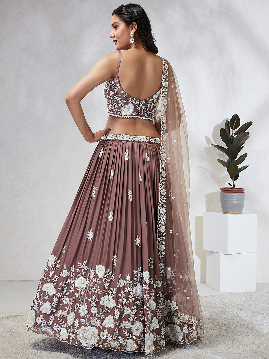 House of Panchhi Rose Gold Pure Georgette Sequins And Thread Embroidery Lehenga Choli & Dupatta | Grocsy