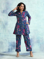 trueBrowns Blue Printed Velvet Co-Ord Set | Grocsy