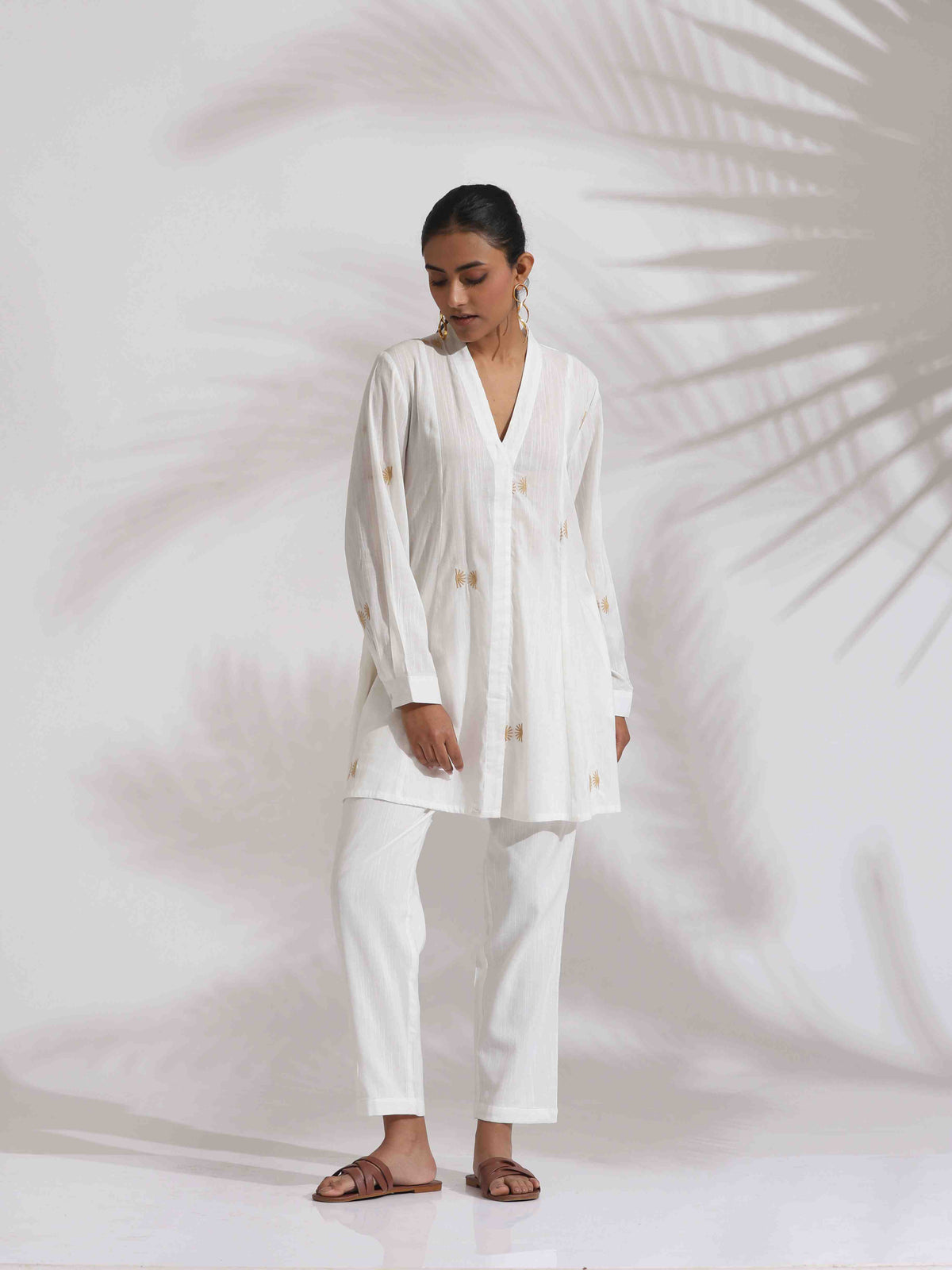 trueBrowns Off-White Cotton Embroidered A-line Co-ord Set | Grocsy