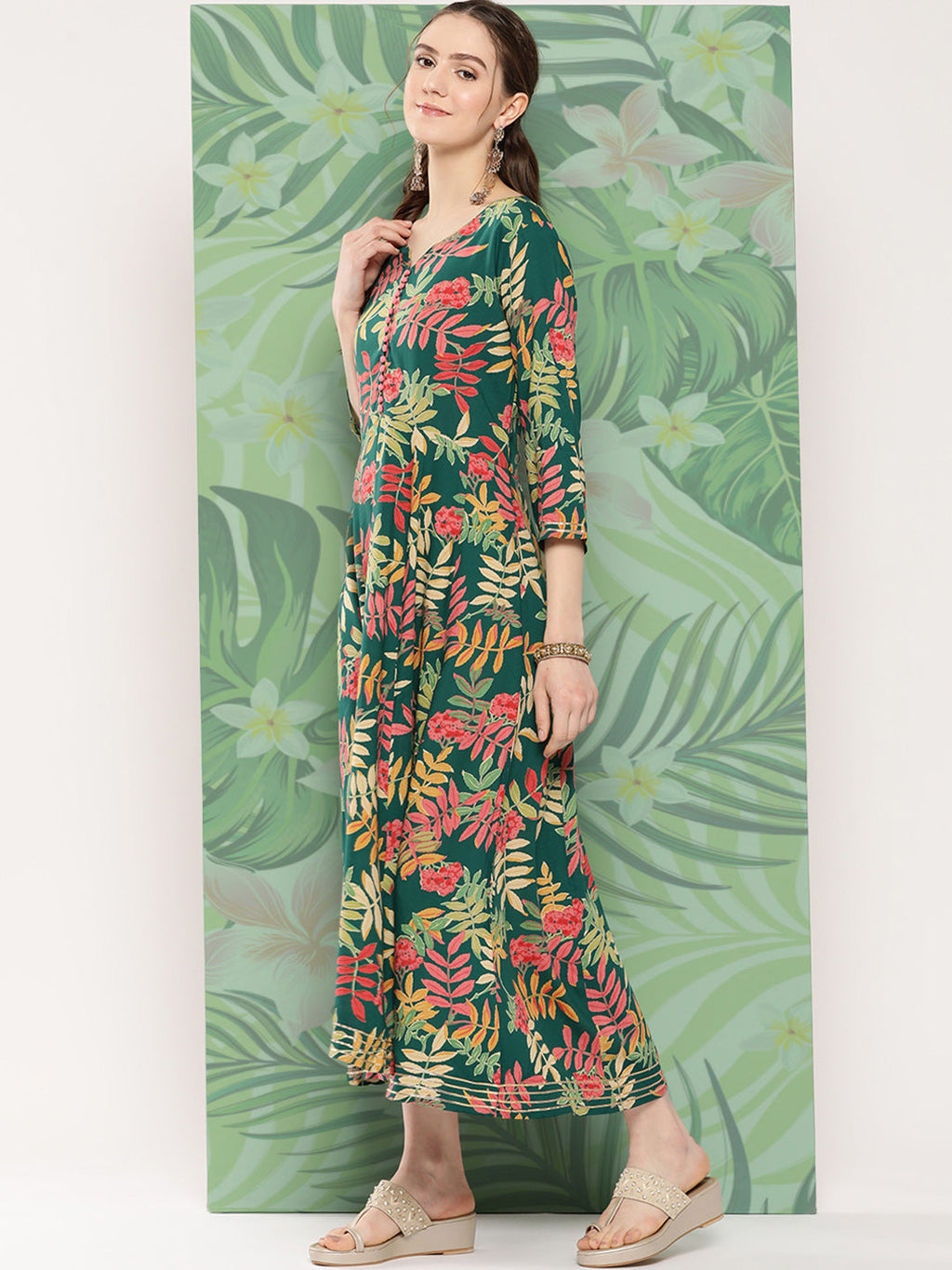 InWeave Women's Green Tropical Print Gota Long Dress | Grocsy