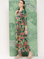 InWeave Women's Green Tropical Print Gota Long Dress | Grocsy