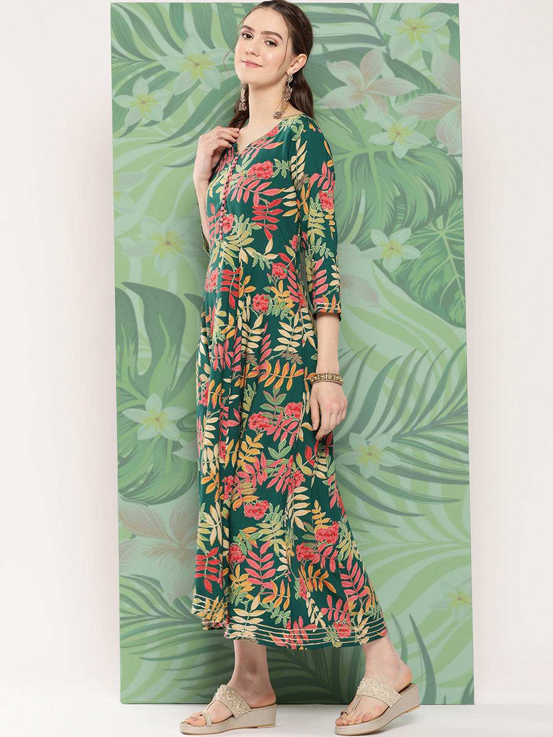 InWeave Women's Green Tropical Print Gota Long Dress | Grocsy