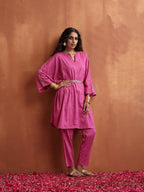 trueBrowns Pink Print Kaftan Kurta Co-ord Set | Grocsy