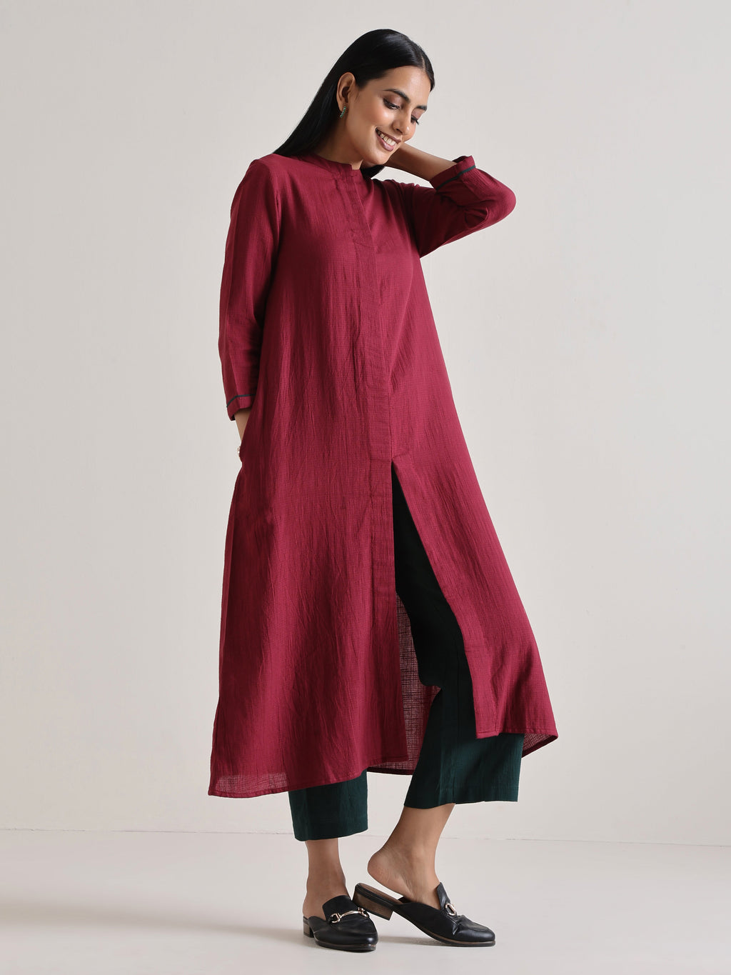 trueBrowns Maroon Placket Kurta Pant Set | Grocsy