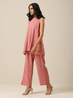 trueBrowns Light Mauve Slub Textured Sleeveless Short Co-Ord Set | Grocsy
