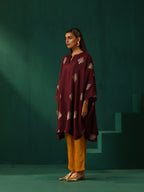 trueBrowns Wine Geometric Viscose Silk Kaftan Kurta Pant Set | Grocsy