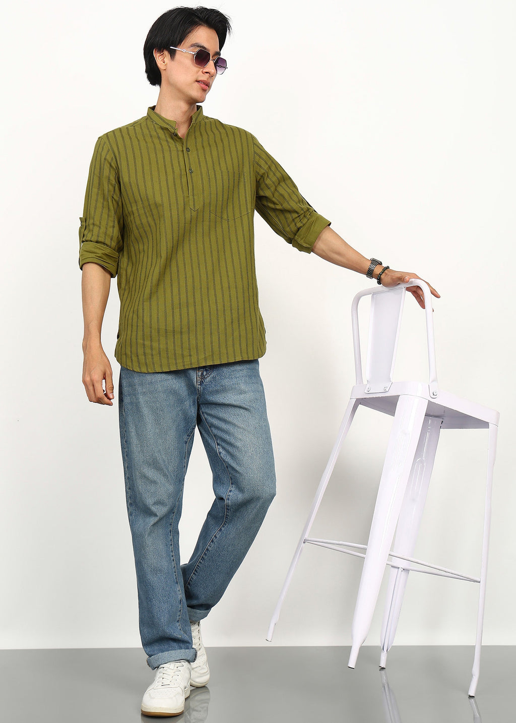 Fabmade Olive Stripe Linen Kurta | Grocsy