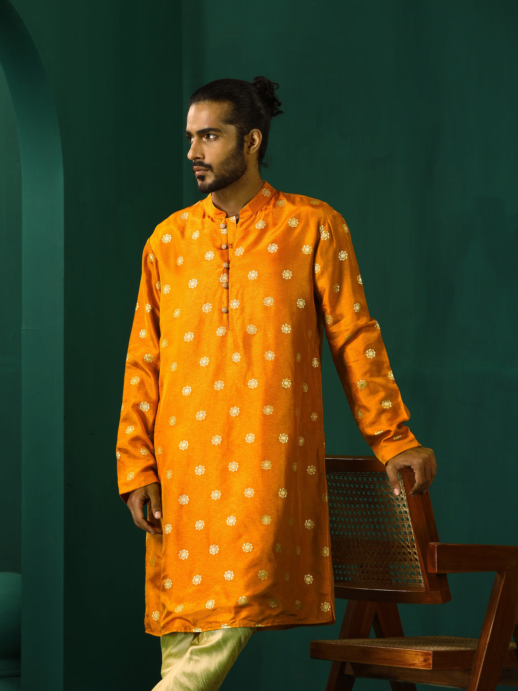 trueBrowns Men's Mustard Geometric Floral Viscose Silk Long Kurta | Grocsy