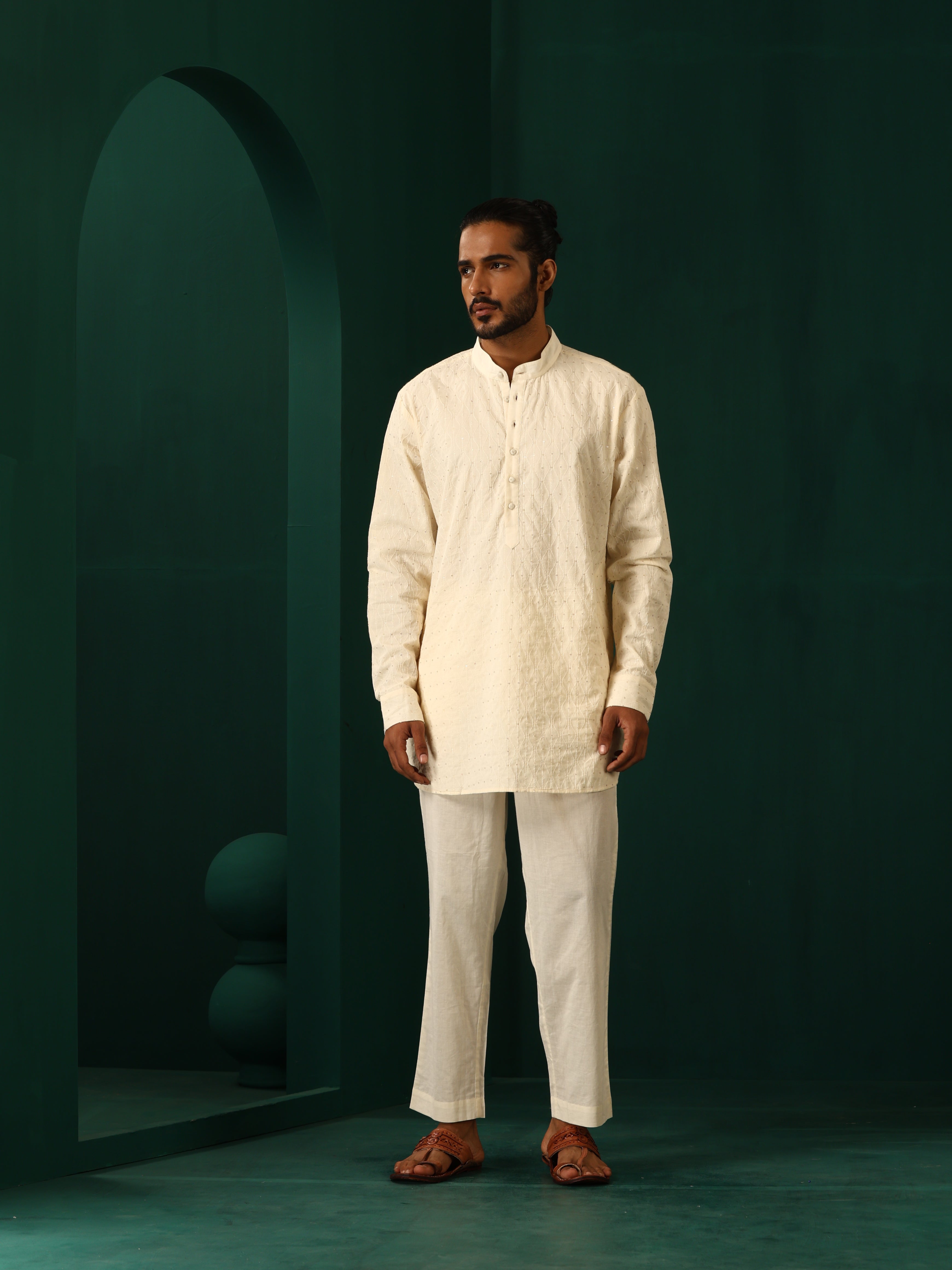 trueBrowns Men's Ivory Tonal Cotton Co-ord Set | Grocsy