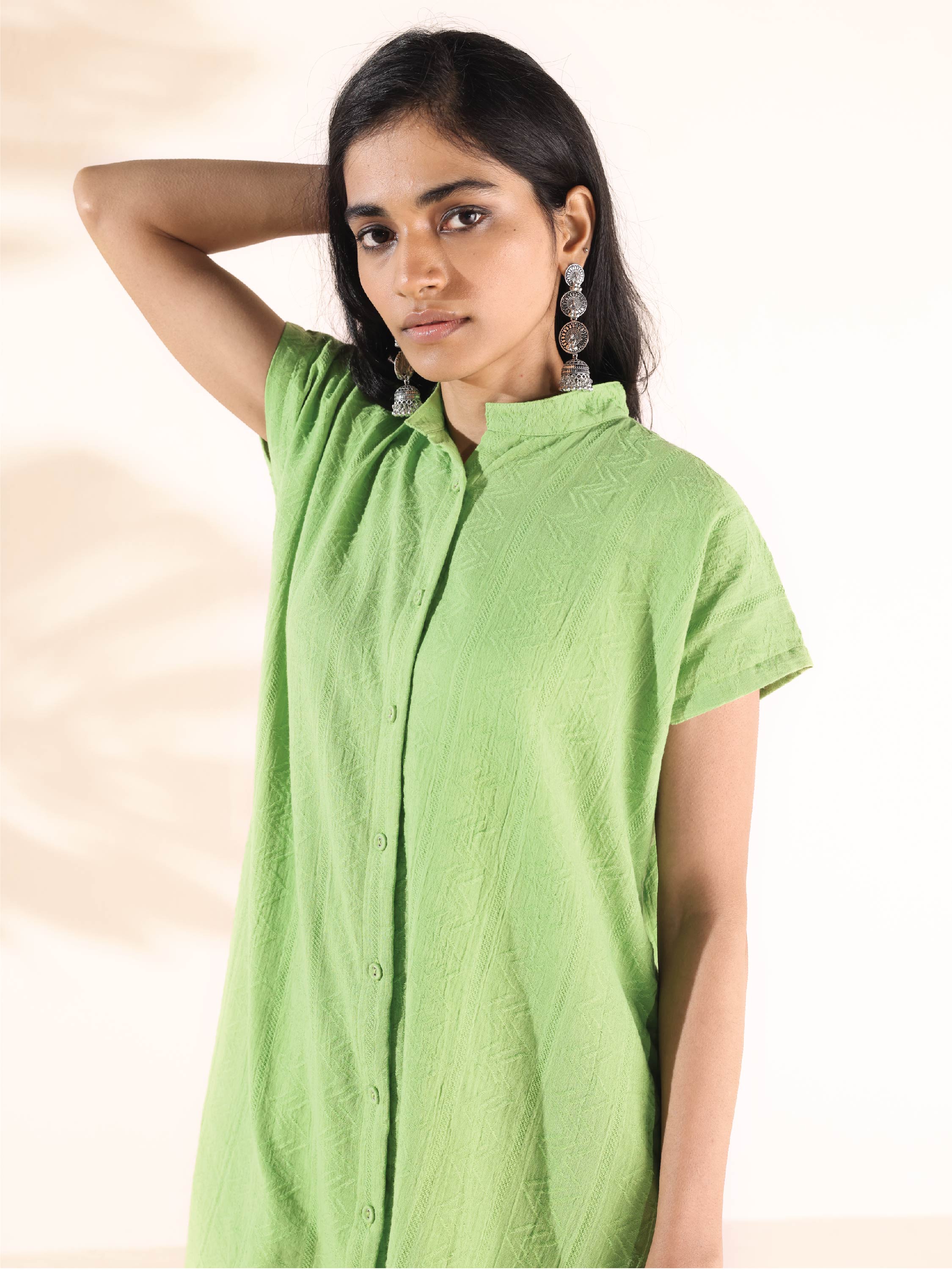 trueBrowns Green Cotton Dobby Shirt Co-ord Set | Grocsy