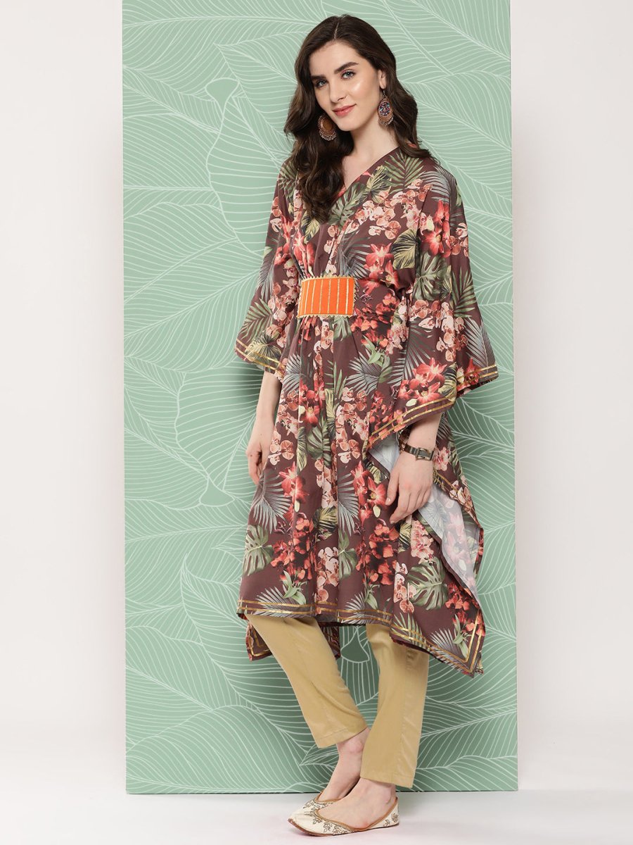 Ahalyaa Women Floral Printed Flared Sleeves Gotta Patti Crepe Kaftan Kurta | Grocsy