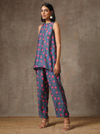 trueBrowns Blue Pink Printed Silk Co-Ord Set | Grocsy