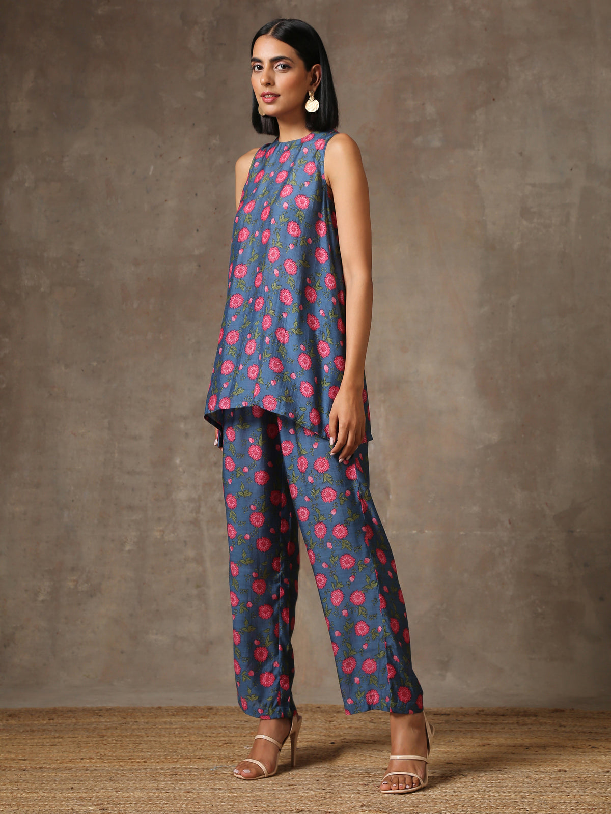 trueBrowns Blue Pink Printed Silk Co-Ord Set | Grocsy