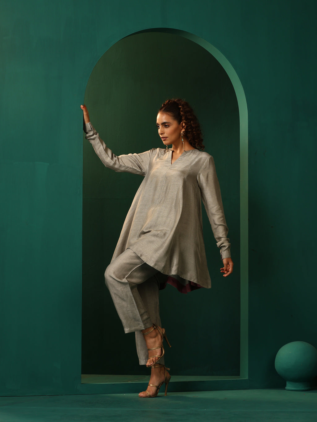 trueBrowns Grey Silk Flared Co-ord Set | Grocsy